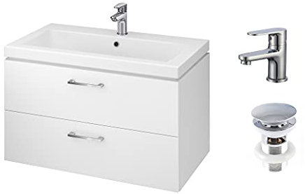 VBChome Waschbecken mit Unterschrank 80 cm mit Armatur und Pop Up ventil 2 Schubladen Weiß Badmöbel weiß Hochglanz Click Clack Badezimmermöbel hängend