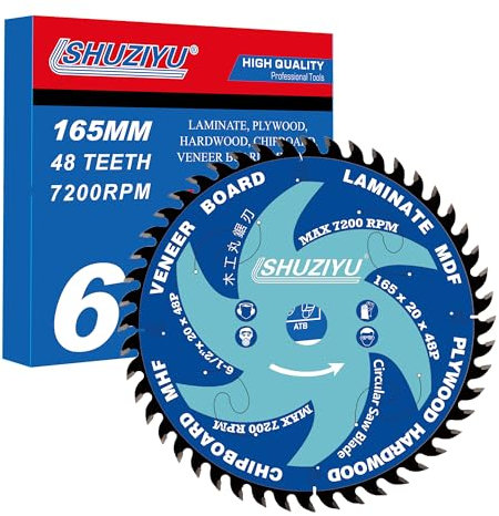 LSHUZIYU 165mm 48T, Lame De Scie Circulaire, Kerf Super Fin 1.6mm, Trou Central 20mm, À Utiliser Sur Une Scie Sans Fil, Pour Couper Du Bois, Des Panneaux De Particules, Du Mdf, Etc.