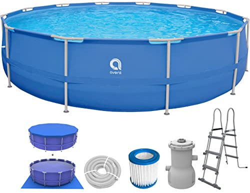 Avenli Pool 450 x 90 cm Stahlrahmen Aufstellpool blau Set mit Pumpe & Leiter Komplettset rund mit Abdeckung und Bodenplane Framepool Swimming Schwimmbecken (457 x 91 cm)