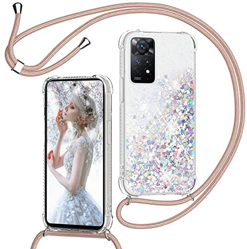 Coque pour Xiaomi Redmi Note 11 Pro 5G/4G/Note 11E Pro/Note 12 Pro 4G avec Cordon, Paillette Étui pour Téléphone avec Lanière, Transparent Silicone Collier Protection Housse Lanyard Case, Or Rose