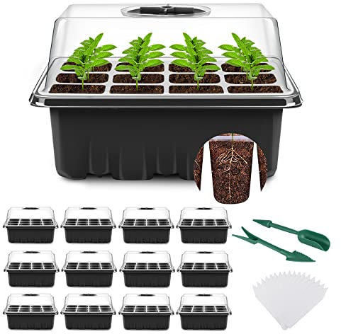 YAUNGEL Mini Serre pour Plantes, 12 Pièces 144 Cellules Intérieure Plateau Semis Bac à semis Pépinière Boîte de Culture avec Couvercle et Ventilation Durables, Noir