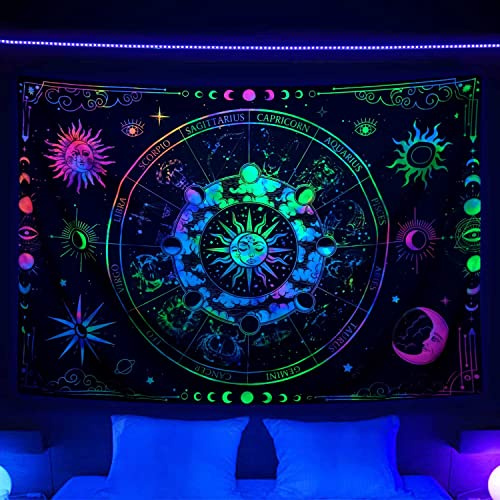 VEIGIKE Sternzeichen-Astrologie-Schwarzlicht-Wandteppich, UV-reaktiv, Sternbild, Sonne und Mond, Sterne, Schwarzlicht, Kunstposter für Herren, Schlafzimmer, psychedelisch, leuchtet im Dunkeln, Decke,