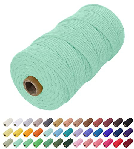 Uiopa Makramee Garn 2mm x 200m, Baumwollkordel Farbig Baumwollgarn Geflochten Baumwollseil, Natürliche Baumwollschnur für Wandbehang, Vorhang, Traumfänger, Hängepflanze, Deko (Minzgrün)