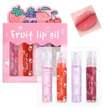 Pakivs 4Pcs Fruit-Flavored Lip Gloss Set,Transparent Colorless Moisturizing Plumper Lip Lotion Rolling Ball Lip Oil Liquid Lipstick