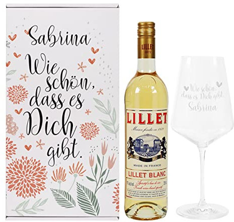 Herz & Heim® Geschenkset Wie schön dass es Dich gibt mit Geschenkbox, Weinglas und 1 Flasche Lillet/personalisiert Blanc