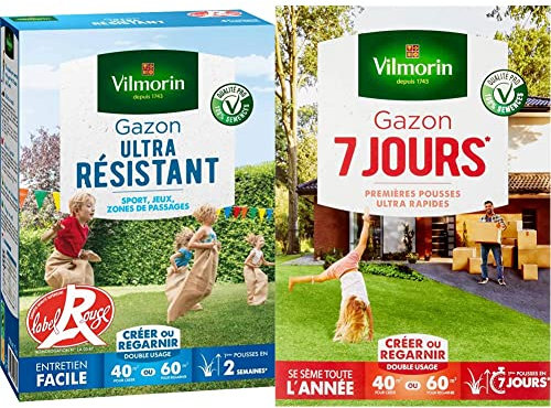 Vilmorin 4462414 Gazon Ultra Résistant, Vert, 1 kg & 4460714 Gazon 7 Jours, Vert, 1 kg