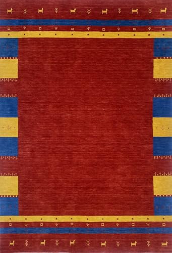 Gabbeh Teppich 100% Wolle 170x240 cm Rot Gold Blau Handgewebt Orientteppich BR13