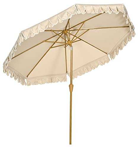 Outsunny Parasol de jardin Parasol droit Parasol inclinable rond Ø 264 cm avec volants tissu polyester haute densité anti-UV mât démontable 8 baleines - beige