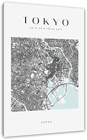 Pixxprint Stadtkarte Eckig - Tokio als, Größe: 60x40cm, Leinwandbild, fertig gespannt, Wandbild, Dekoration, Kunstdruck, kein Poster