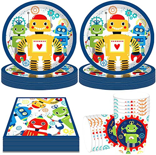YGCHEN Roboter Partygeschirr Kindergeburtstag Deko Geburtstag Party Geschirr Roboter Pappbecher Pappteller Servietten Robot Tischdeko Partygeschirr 8 Personen