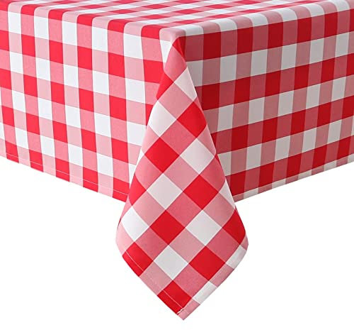 Hiasan Karierte Tischdecke Outdoor wetterfest aus Polyester, abwaschbar schmutzabweisend wasserabweisend knitterfrei Tischtuch für bierzeltgarnitur Esszimmer Party Garten, 130x220cm Rot und Weiß