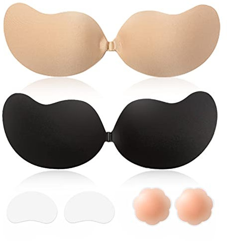 Sticky Bra Backless Adhesive Strapless Invisible Push Up Stick on Bras for Women Dresses 2 Pair Reusable Nipple Cover, Skin Tone & Black, C
