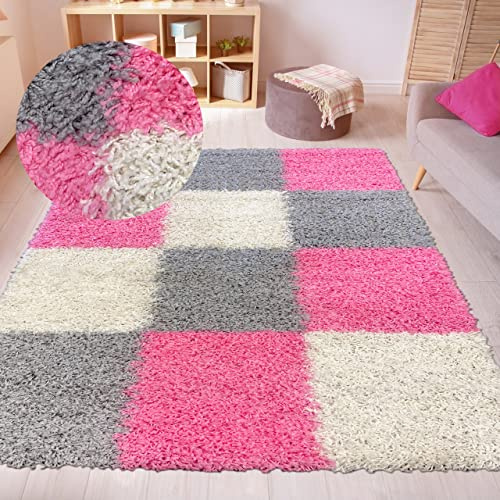 CARPETIA Shaggy Hochflor Teppich Karomuster Rosa Grau Creme 200x290 cm | Weich, pflegeleicht, strapazierfähig und allergikergeeignet, OEKO-TEX geprüft, schadstofffrei, für Fußbodenheizung