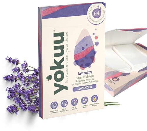 YOKUU Probiotische Reisewaschmittel Blätter | 64 Ladungen | Lavendel | Ökologische Waschblätter Schwarze & Weiße Wäsche | Ultra-Konzentriert, Vordosiert & Wasserlöslich
