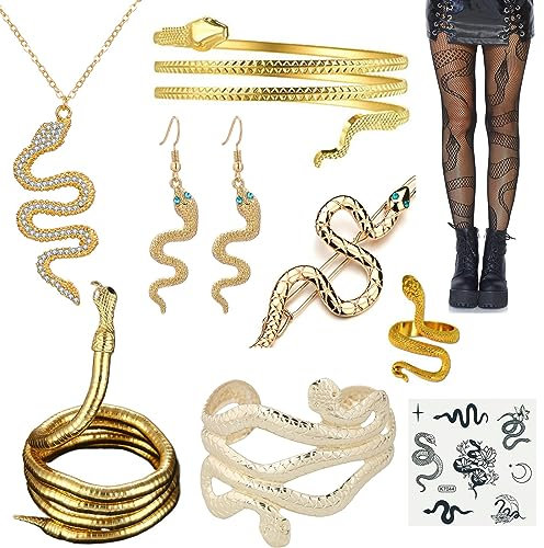 XHBTS Schlangen-Schmuck-Set, Armband, Ohrringe, Ring, Haarspange, Netzstrumpfhose, Tattoo-Aufkleber, Halsband, Halskette für Halloween-Party, 10 Stück, Metall, Kein edelstein