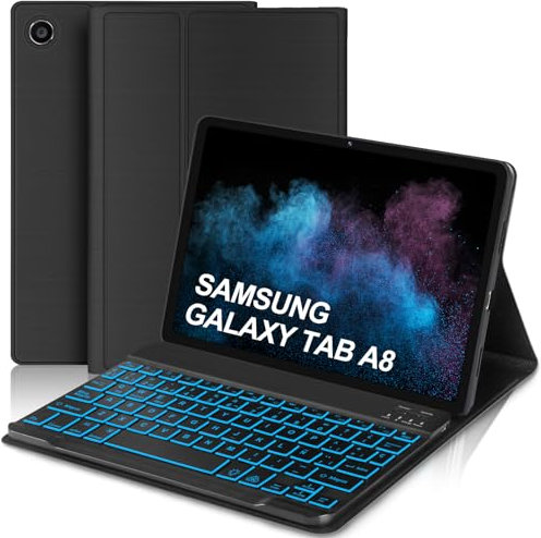 WAVATA Funda con Teclado para Table Samsung Galaxy Tab A8 10.5 2022(SM-X200/X205/X207) - Español Ñ Teclado Bluetooth Magnético Inalámbrico con Retroiluminados, Teclado Samsung A8 10.5, Negro