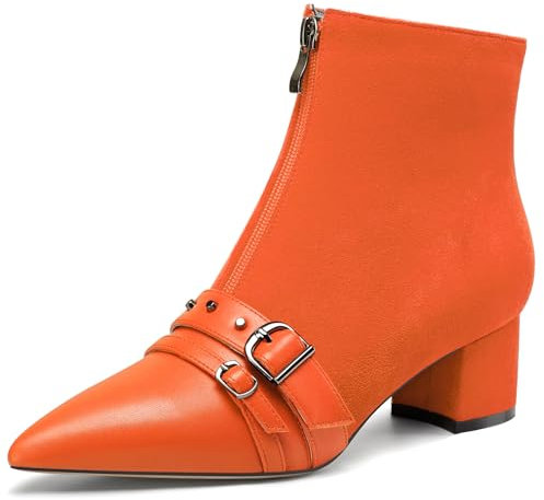 NobleOnly Damen Mittlerem Blockabsatz Absatz Heel Spitze Zehenkappe Nieten Patchwork Stiefeletten Schnalle Reißverschluss Abschlussball Schuhe 5 CM Heels Orange 39 EU