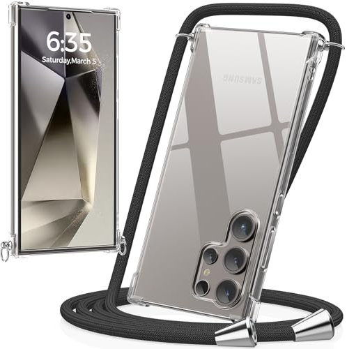 caslord Handyband kompatibel mit Samsung Galaxy S24 Ultra, Necklace Hülle mit Bands Handyhülle für zum Umhängen, Transparent Case mit Handykordel,Stoßfeste Schutzhülle zum Umhängen Kordel,Schwarz
