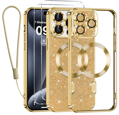 Kokio Glitter Magnetica Cover per iPhone 15 Pro Max con Cordino, Compatibile con MagSafe, Brillantini Sottile Silicone TPU Antiurto Custodia per iPhone 15 Pro Max con 2 Vetro Temperato Bumper, Oro
