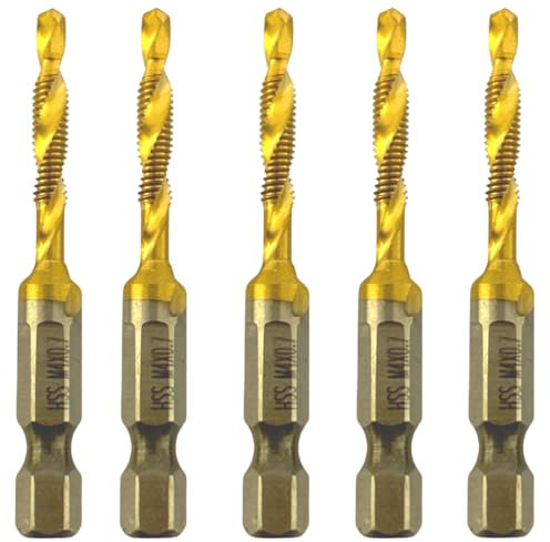 Rennie Tools - Pack Of 5 - M4 x 0.7 Combination Drill and Tap Bit, 1/4 Hex Shank. Metric Coarse Titanium Coated HSS Spiral Flute Drilling Tapping Tool. 4mm x 0.7mm Pitch Drill Bit.
