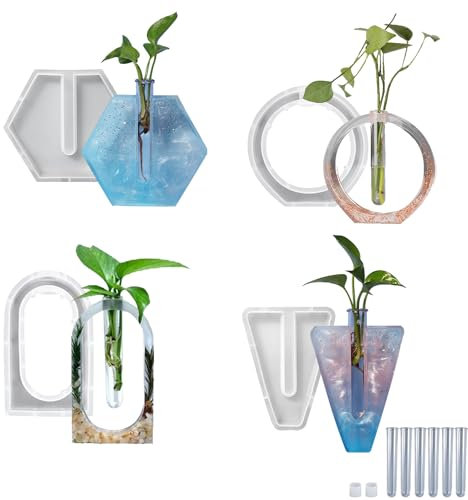 TOOSOAR® 4 Stück Epoxidharz Formen Vase mit 6 Reagenzgläsern, Hydrokulturpflanzen Silikonform Vase Epoxidharz Formen, Vasen Silikonformen für Herstellung von Vasen Kristallflaschen