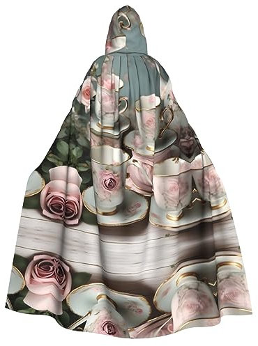 EdWal Teetassen mit Rosen, romantischer Aufdruck, Kapuzenmantel, Unisex, für Erwachsene, Karneval, Umhang für Halloween, Cosplay-Kostüme