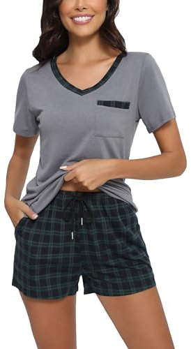Yukiuiny Pyjama Femme Été Coton Ensemble Vêtement d'Intérieur Tee Shirt Vêtement de Nuit Carreaux Plaid Manches Courtes Col V Pantalons de Pyjama Printemps Douce Confortable A-Gris+Vert Carreaux XL