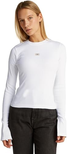 Calvin Klein Women’s Woven Label Ribbed Slim Fit Top with Long Sleeves, White (Bright White), M