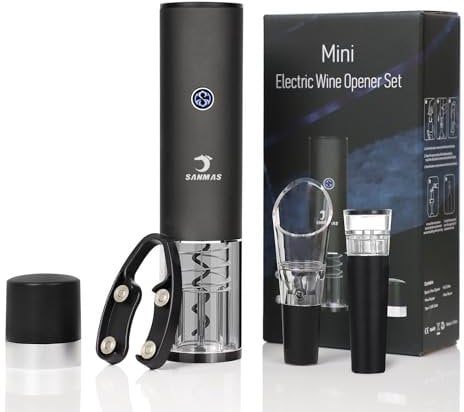 SANMAS Mini Electric Wine Bottle Opener, Rechargable Automatic Corkscrew Opener Set with Foil Cutter Wine Stopper Wine Aerator Pourer for Wine Lover Gift