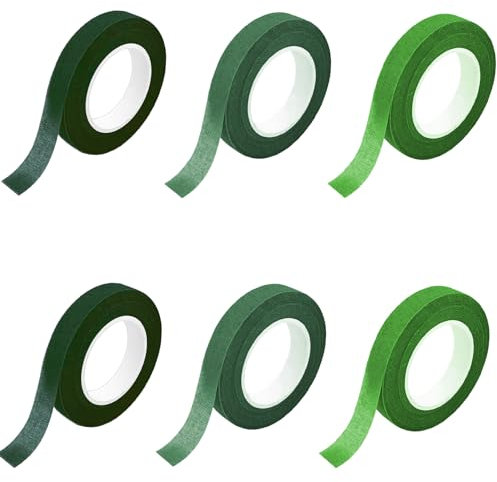 6 Rollen Flora Kreppband, 3 Stile Grün Floristenband, 12mm*27m Selbstklebend Floristenkrepp Blumenband, Klebeband Flora Blumenband für Blumensträuße DIY Kunsthandwerk Floral Wire Tape 3 style green