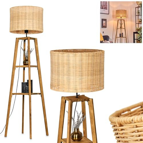 Stehleuchte Cavaca, Stehlampe aus Holz/Rattan in Naturfarben, Leuchte im skandinavischen Design mit rundem Schirm (Ø 40 cm), Ablageflächen u. Fußschalter, Höhe 151 cm, 1 x E27, ohne Leuchtmittel