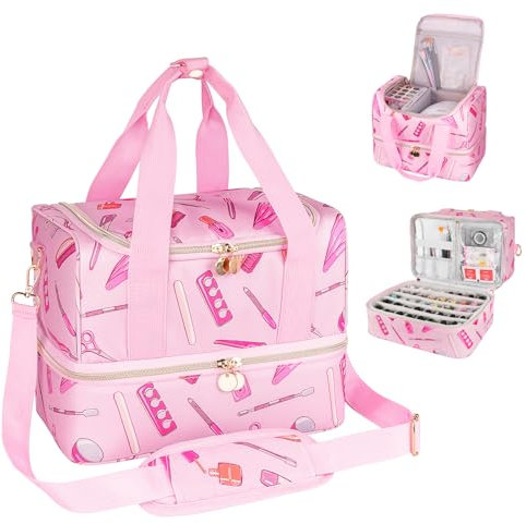 Jaffzora Nail Polish Organizer Case - Large Double Layer Organizers and Storage Bag for Nail Supplies and Art Tech, Pink, Holds 40 Bottles, Holds 40 Bottles