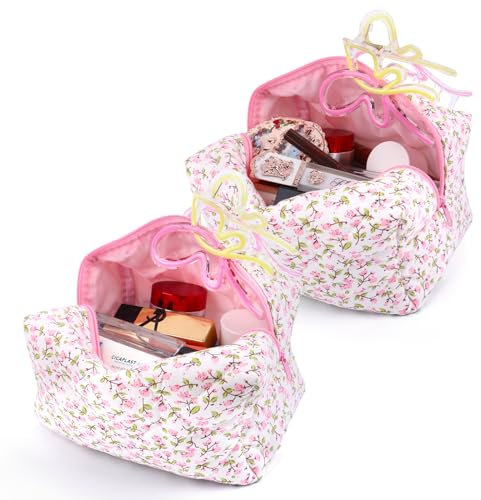 Trousse de Maquillage Matelassée, Trousse de Toilette de Voyage en Coton, Trousse de Toilette Matelassée pour Femme, Trousse de Maquillage Fleurie