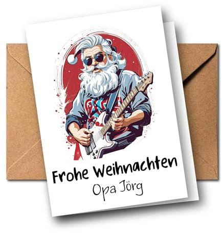Personalisierte Weihnachtskarte – Rock’n’Roll Weihnachtsmann mit Gitarre – witzige Karte zu Weihnachten mit Name für Männer, Opa, Papa, Freund – individuelle Weihnachtsgrußkarte A6
