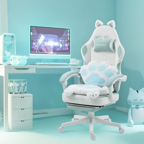 MEENICE Cute Gaming Stuhl mit Katzenpfote Lendenkissen und Katzenohren, Velour Ergonomische Gamer Stuhl mit Fußstütze, Zurücklehnen PC-Spiel Stuhl für Mädchen, Teenager, Kinder, Blau Weiß