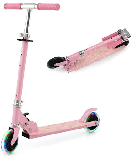 GOPLUS Scooter Kinder ab 3 Jahren, Cityroller aus Aluminium bis zu 50kg, Kickscooter mit LED Rädern & Hinterradbremse, Tretroller klappbar & höhenverstellbar für Mädchen Jungen (Rosa)