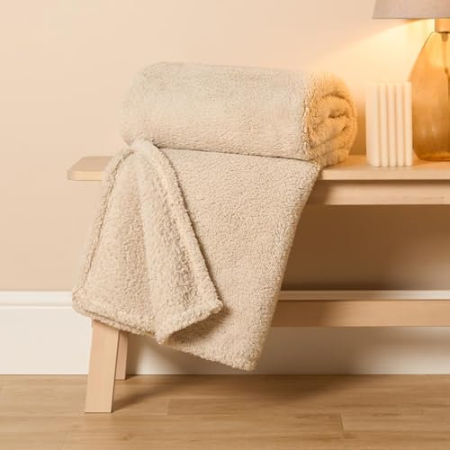Brentfords Large Fleece Throws for Sofas, Thick Warm Blanket for Winter Throw Ultra Soft Cosy Comfy Fleece Blanket Over Bed Sofa Couch Cover - Natural, 240 x 200cm
