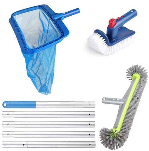 LALAGO Kit de Nettoyage de Piscine, Incluse 17'' Brosse de Nettoyage pour Piscine, 175cm Manche Long Aluminium, Brosse Angulaire Otative pour Piscines, Filet D'écumoire de Piscine à Mailles Fines