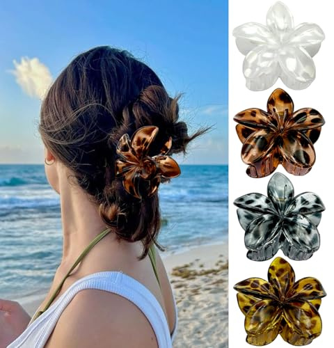 Pinzas para el pelo de flores para mujer, paquete de 4 pinzas de pelo de flores hawaianas, pinzas de garra con estampado de leopardo de plumeria para cabello grueso y fino, accesorios antideslizantes