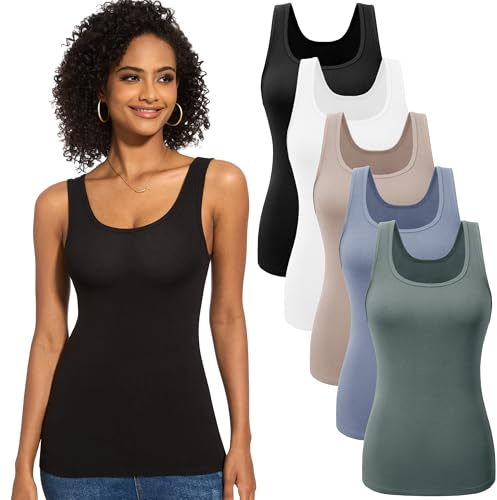 TVKSOM 5 Pack Basic Tank Tops for Women Undershirt Ribbed Sleeveless Scoop Neck Casual Layering Basic Tanks Top
