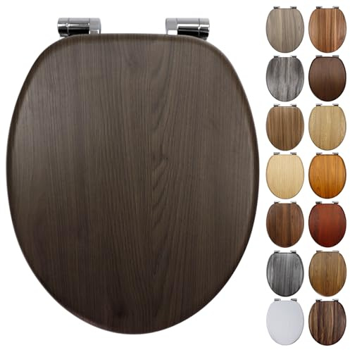 Fanmitrk Brown Toilet Seat Wooden with Soft Close Adjustable Solid Zinc Alloy Hinges, MDF Wood Oval Toilet Seat with Bottom Fixings, Easy to Clean and Install (E183-2A)