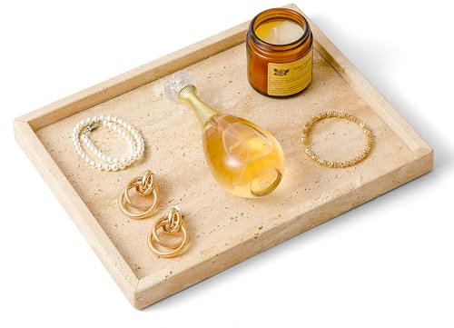 WORHE Travertine Stone Tray Large Natural Marble Decorative Tray for Jewelry, Perfume, Makeup, Candles, Bathroom, Dresser, Rectangle Kitchen Storage Organizer for Home Decor Beige (WH067)