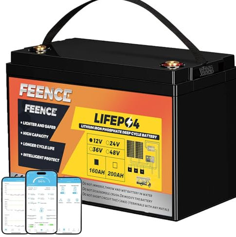 FEENCE LiFePO4 170Ah Bluetooth, batteria al litio 12 V 170 Ah con protezione BMS a bassa temperatura e max. 15000 cicli, batteria da 2176 Wh per camper, barca, pannello solare