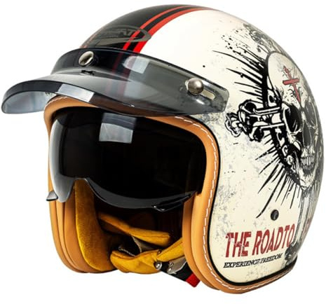 Vintage Style Motorcycle Helmet Open Face Helmet With Sun Visor 3/4 Half Face Motorbike Crash Helmet For Men Women ECEDOT Approved Jet Helmet For Scooter Cruiser Moped
