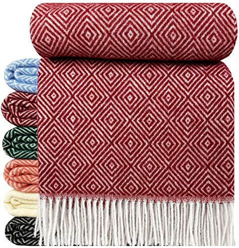 STTS International Wolldecke 100% Schurwolle Wohndecke 140 x 200 cm Tagesdecke Schurwolldecke Woll-Plaid Tirol in vielen Farben erhältlich (Dunkelrot (D-V))