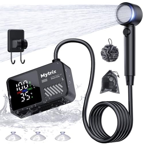 Mytrix Portable Shower for Camping, Powerful 10L/Min Water Flow, Rechargeable Shower Pump with Bath Sponge, 4 Spray Modes, IPX8 Waterproof, 7800mAh Battery, Ideal for Hiking, Car Wash, Pet, Black