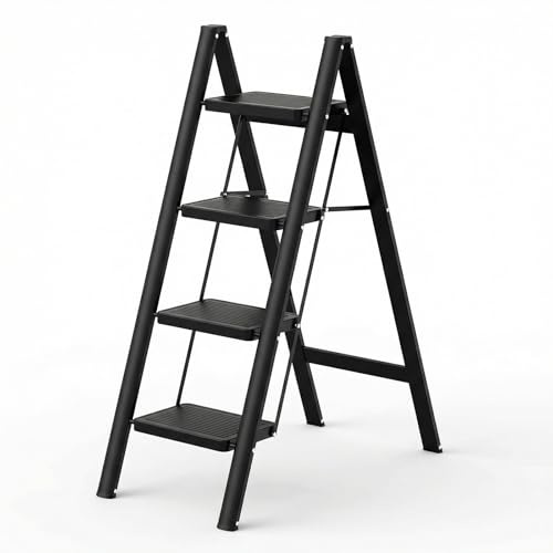 Escalera plegable, escalera con pedal antideslizante ancho, taburete con capacidad de 150 kg, hogar, despensa, uso interior y exterior (4 escalones)