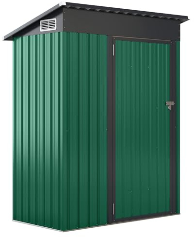 GOPLUS Casetta per attrezzi in metallo, 150 x 90,5 x 185 cm, piccola capanno per attrezzi con tetto, porta scorrevole e finestra di ventilazione, capanno da giardino chiudibile, per giardino, balcone