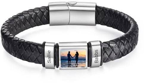 lorajewel Personalisiertes Herren Armband mit Namen Foto Leder Armband Geschenk für Männer Papa Opa Ehemann Freund