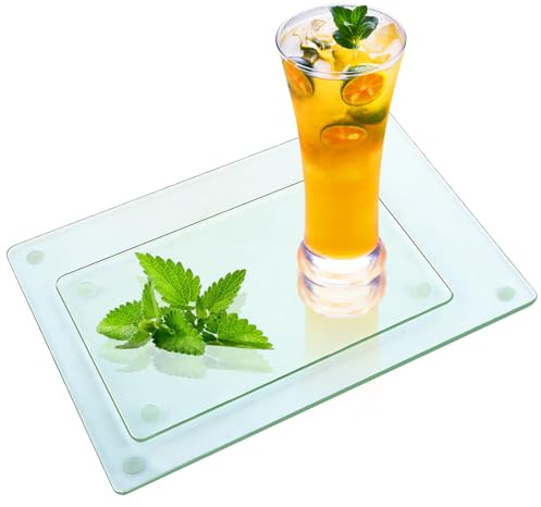 WOPPLXY 2 Stück Glasplatte Küche, 30 x 20 cm + 40 x 30 cm Schneidebrett Glas Rutschfest, Glasschneidebrett aus Gehärtetem Glas als Schneidunterlage, Küchenbrett, Servierplatte